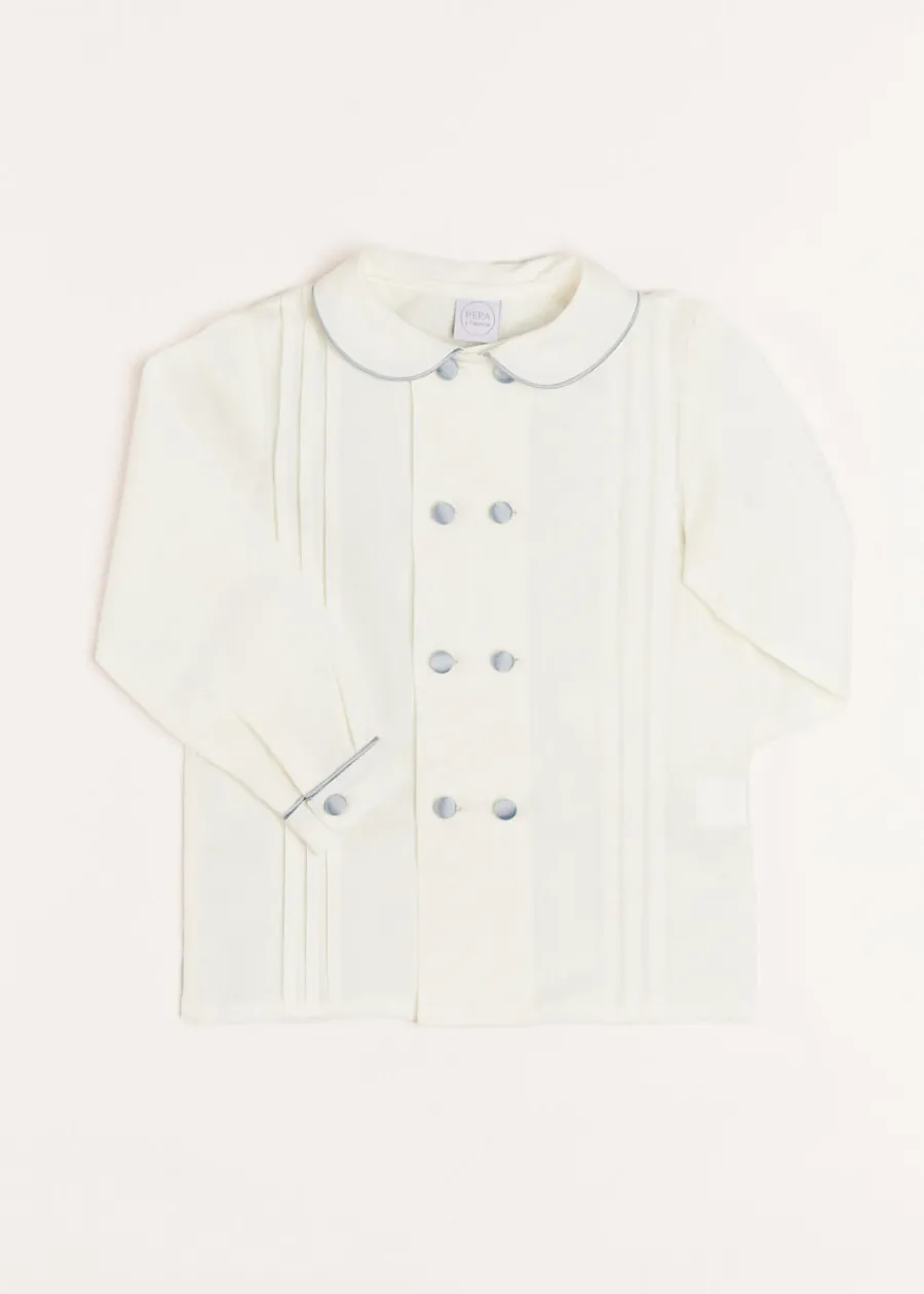 BOY Pepa London Double-Breasted Peter Pan Collar Long Sleeve Shirt with Blue Silk Piping (18mths-10yrs)