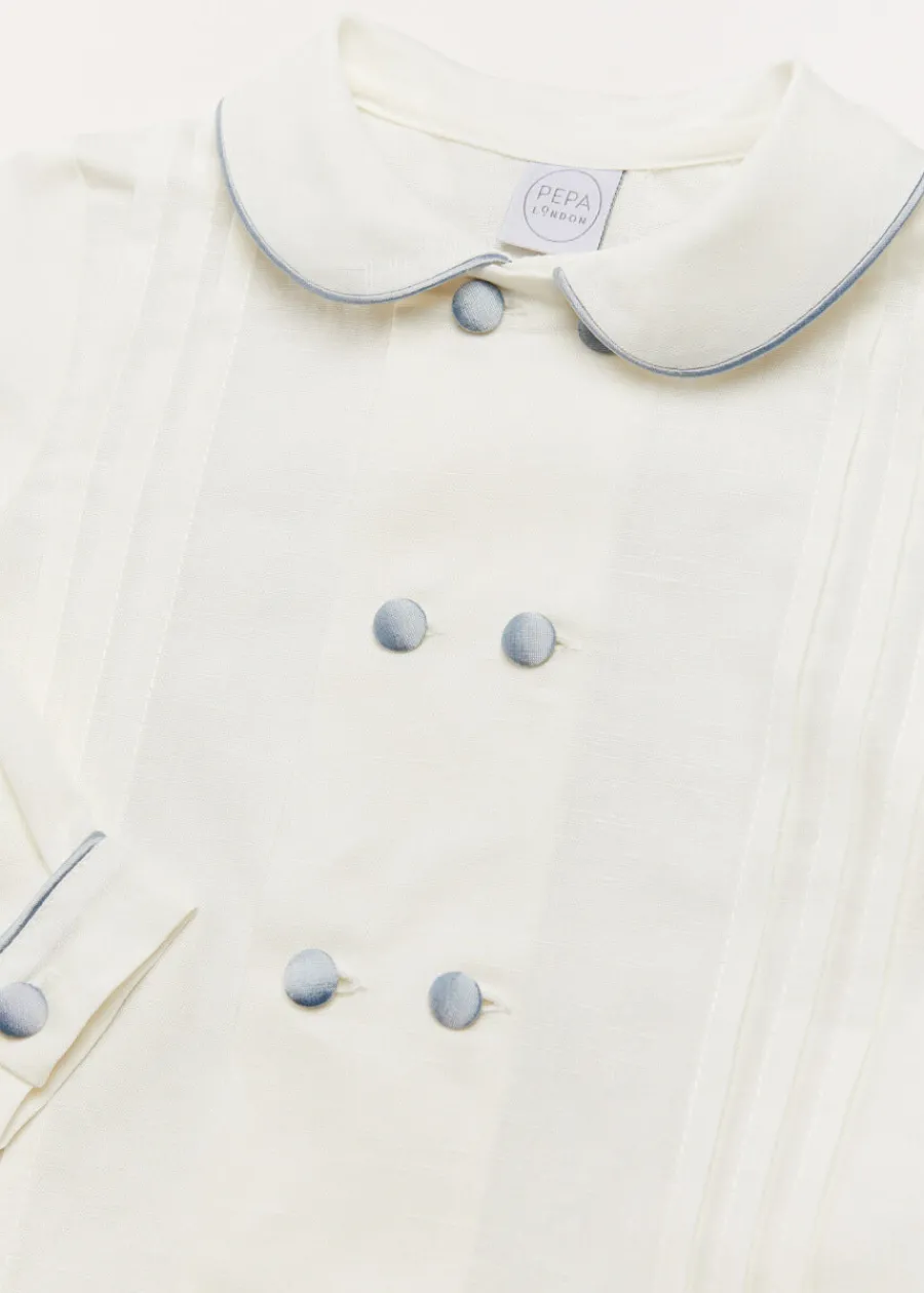 BOY Pepa London Double-Breasted Peter Pan Collar Long Sleeve Shirt with Blue Silk Piping (18mths-10yrs)