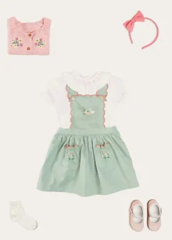 Pepa London Duck Embroidered Scallop Detail Skirt With Braces in Green (18mths-6yrs) | Hand Smocked Collar Short Sleeve Blouse in White (18mths-6yrs) | Strawberry Embroidery Cardigan in Pink (12mths-6yrs) | Mary Jane Baby Shoes in Pink (20-26EU) | Raspberry Linen Hairband