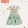 Pepa London Duck Embroidered Scallop Detail Skirt With Braces in Green (18mths-6yrs) | Mabel Floral Embroidered Short Sleeve Blouse in Coral (18mths-10yrs) | Floral Openwork Cotton Cardigan in Pink (2-10yrs) | Mary Jane Leather Baby Shoes in Ivory (20-24EU) | Mabel Floral Hairband in Coral | Openwork short socks - Dusty Pink (0mths-10yrs)