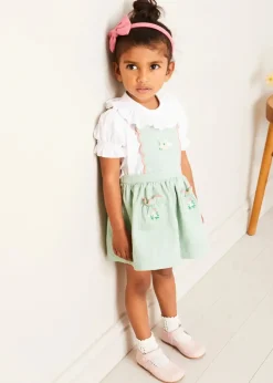 Pepa London Duck Embroidered Scallop Detail Skirt With Braces in Green (18mths-6yrs) | Hand Smocked Collar Short Sleeve Blouse in White (18mths-6yrs) | Strawberry Embroidery Cardigan in Pink (12mths-6yrs) | Mary Jane Baby Shoes in Pink (20-26EU) | Raspberry Linen Hairband