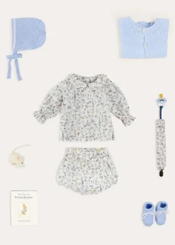 Pepa London Ellis Floral Long Sleeve Blouse in Blue Made with Liberty Fabric (1-12m) | Ellis Floral Bloomer in Blue Made with Liberty Fabric (1m-3yrs) | Openwork Detail Baby Cardigan in Blue (1-12mths) | Lace Detail Knitted Bonnet in Blue (1-6mths) | Lace Detail Knitted Booties in Blue | Ellis Birds Tie Hat in Blue Made with Liberty Fabric (XS-L) | Ellis Dummy Clip in Blue Made with Liberty Fabric | White Mouse Toy