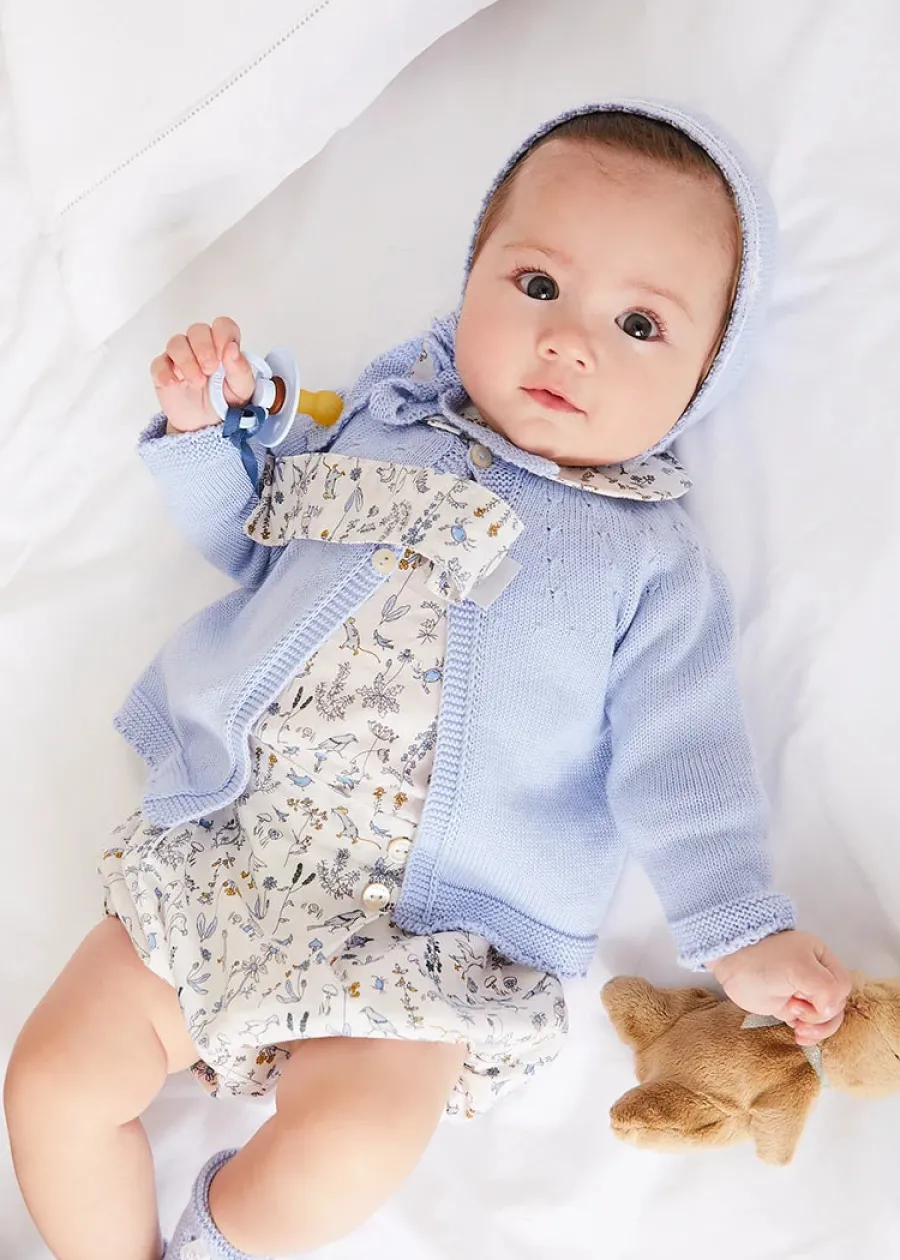 Pepa London Ellis Floral Long Sleeve Blouse in Blue Made with Liberty Fabric (1-12m) | Ellis Floral Bloomer in Blue Made with Liberty Fabric (1m-3yrs) | Openwork Detail Baby Cardigan in Blue (1-12mths) | Lace Detail Knitted Bonnet in Blue (1-6mths) | Lace Detail Knitted Booties in Blue | Ellis Birds Tie Hat in Blue Made with Liberty Fabric (XS-L) | Ellis Dummy Clip in Blue Made with Liberty Fabric | White Mouse Toy