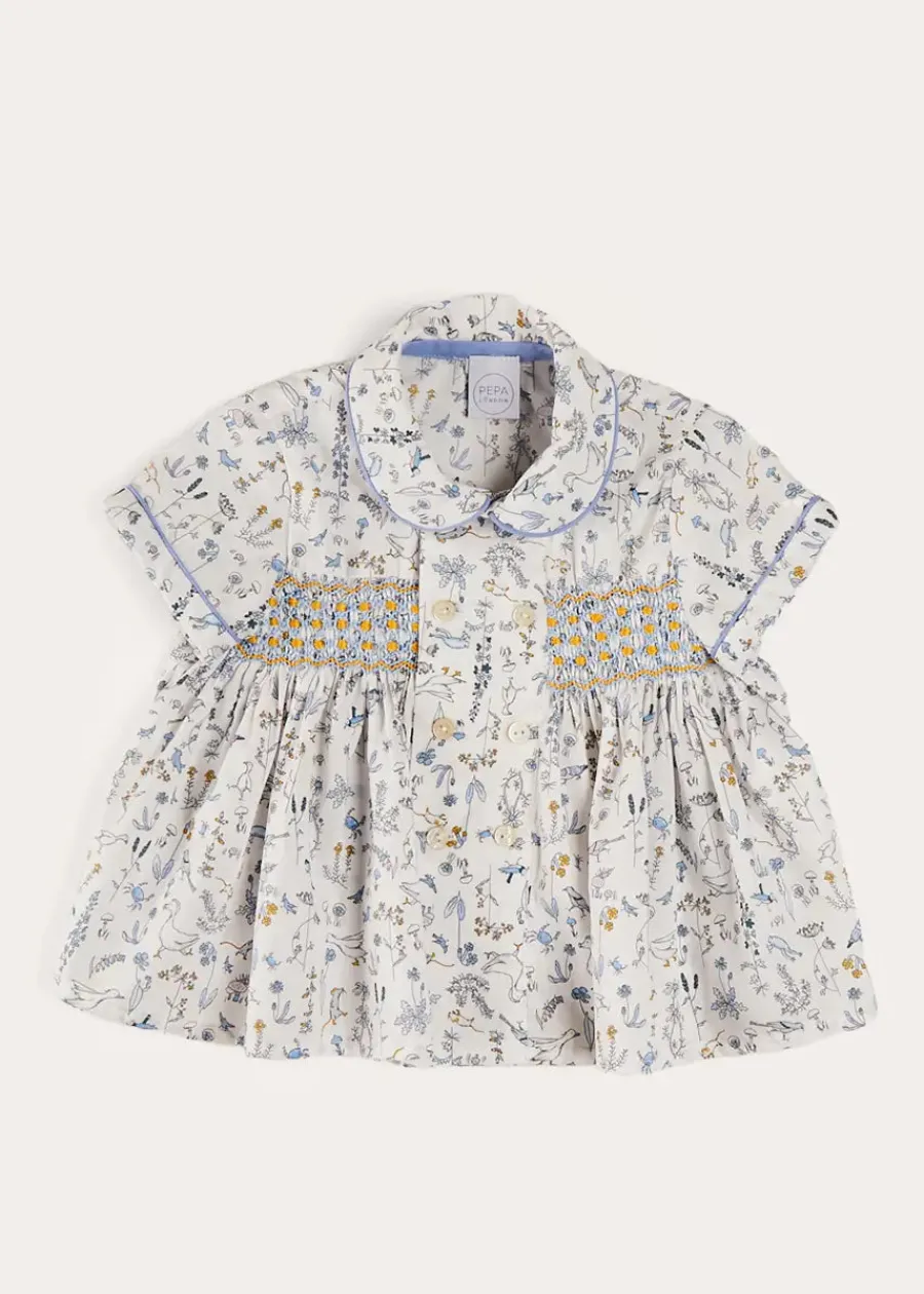 BOY Pepa London Ellis Liberty Print Hand Smocked Short Sleeve Shirt in Blue (6mths-4yrs)