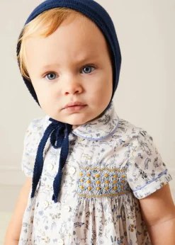 BOY Pepa London Ellis Liberty Print Hand Smocked Short Sleeve Shirt in Blue (6mths-4yrs)