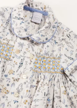 BOY Pepa London Ellis Liberty Print Hand Smocked Short Sleeve Shirt in Blue (6mths-4yrs)