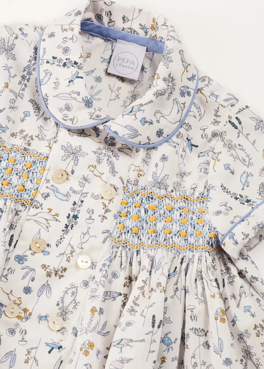 BOY Pepa London Ellis Liberty Print Hand Smocked Short Sleeve Shirt in Blue (6mths-4yrs)
