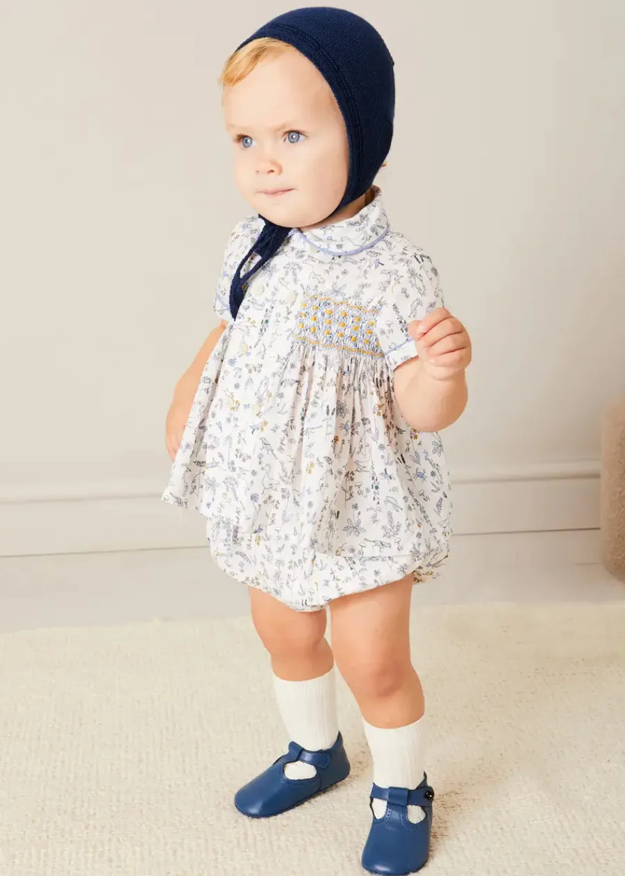 BOY Pepa London Ellis Liberty Print Hand Smocked Short Sleeve Shirt in Blue (6mths-4yrs)