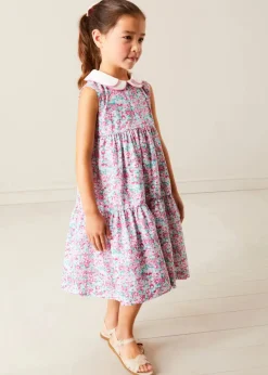 Pepa London Eloise Floral Scallop Collar Sleeveless Dress in Pink (4-12yrs) | Viola Floral Bow Detail Boater Hat in Pink (S-M) | Leather Woven Detail Sandals in Beige (24-35EU) | Viola Floral Bow Detail Boater Hat in Pink (S-M)