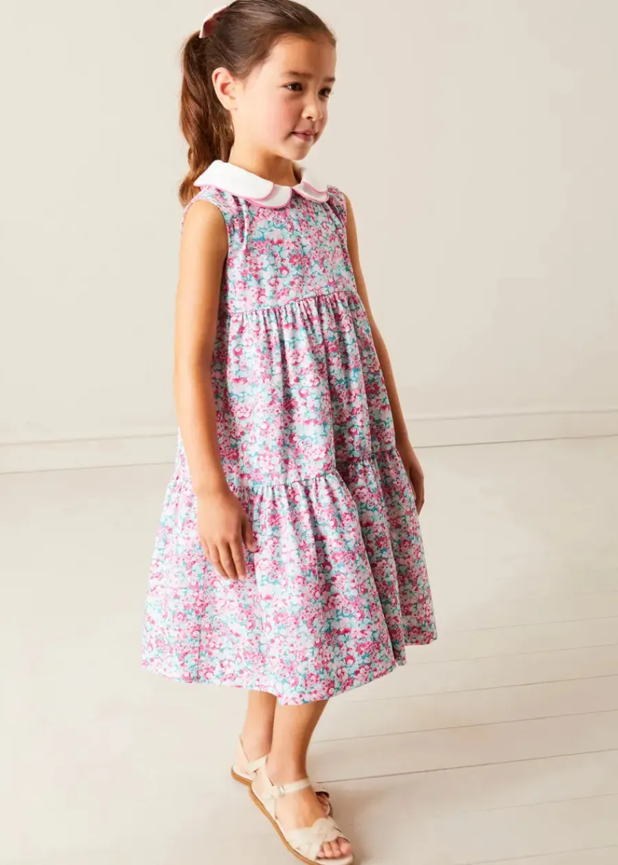 Pepa London Eloise Floral Scallop Collar Sleeveless Dress in Pink (4-12yrs) | Viola Floral Bow Detail Boater Hat in Pink (S-M) | Leather Woven Detail Sandals in Beige (24-35EU) | Viola Floral Bow Detail Boater Hat in Pink (S-M)