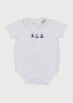 BOY Pepa London Embroidered Boat Motif Peter Pan Collar Bodysuit in White (1mth-3yrs)