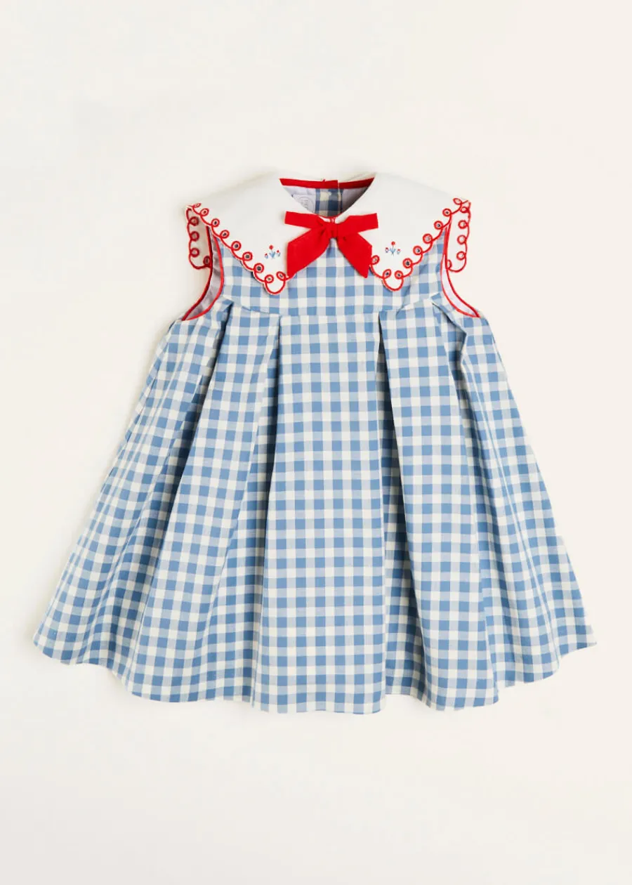 Pepa London Embroidered Gingham Sleeveless Dress in Blue (12mths-12yrs)
