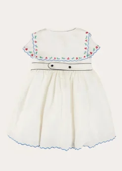 Pepa London Embroidered Mariner Collar Short Sleeve Dress in White (12mths-10yrs)