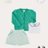 Pepa London Embroidered Scallop Collar Short Sleeve Polo Shirt in Navy (2-10yrs) | Maxwell Gingham Scallop Trim Embroidered Shorts in Green (18mths-10yrs) | Floral Openwork Cotton Cardigan in Green (2-10yrs) | Canvas Plimsolls in Blue (20-35EU) | Blue Linen Big Bow Hairband | Flower Fairies of the Summer Book in White