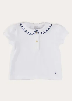Pepa London Embroidered Scallop Collar Short Sleeve Polo Shirt in Navy (2-10yrs)
