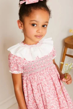 Pepa London Emilia Floral Hand Smocked Ruffle Collar Short Sleeve Dress in Pink (12mths-10yrs)