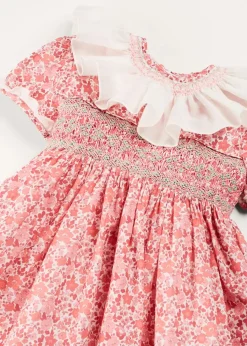 Pepa London Emilia Floral Hand Smocked Ruffle Collar Short Sleeve Dress in Pink (12mths-10yrs)
