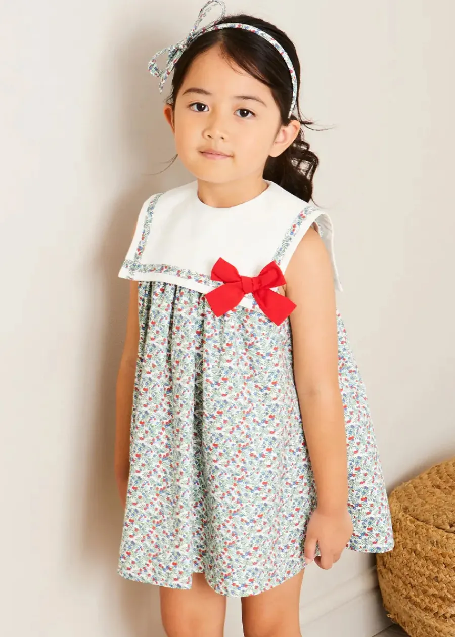 Pepa London Evelyn Floral Sleeveless Bow Detail Trapeze Dress in Red (12mths-8yrs)