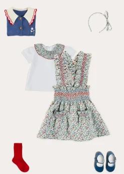 Pepa London Evelyn Floral Smocked Detail Skirt With Braces in Red (18mths-6yrs) | Evelyn Floral Ruffle Collar Top in Red (2-10yrs) | Statement Collar Floral Embroidery Cardigan in Navy (2-10yrs) | Leather Mary Jane Baby Shoes in French Blue (20-26EU) | Evelyn Floral Thin Bow Hairband in Red | Ribbed Shorts Socks Red (0mths-10yrs)