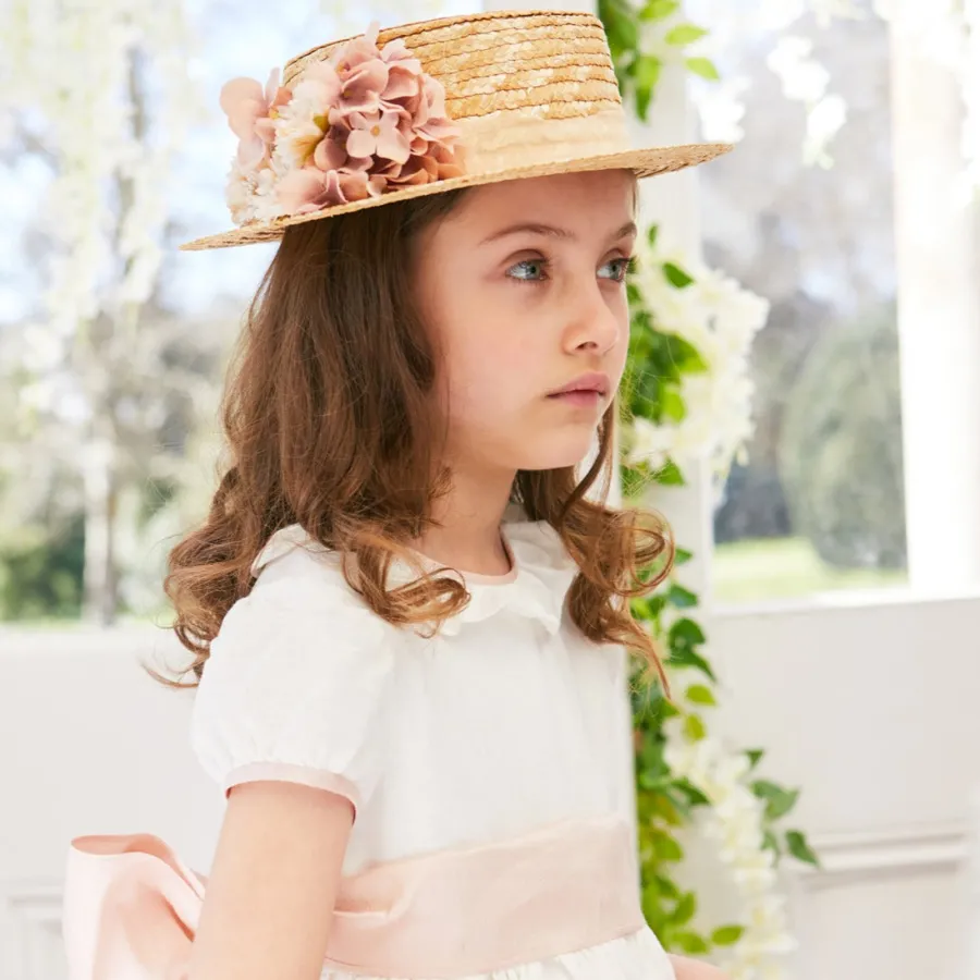 BOY Pepa London Faux Flower Straw Boater Hat in Pink
