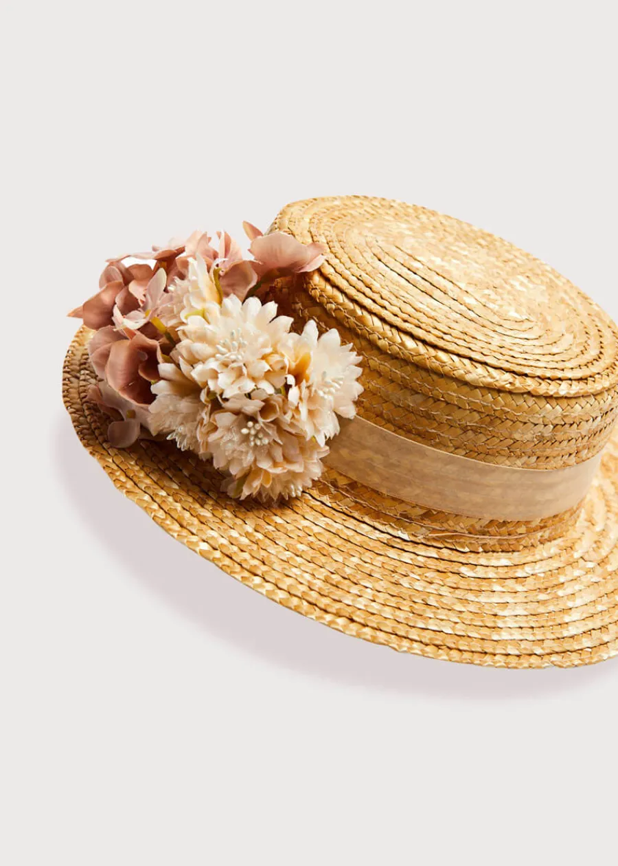 BOY Pepa London Faux Flower Straw Boater Hat in Pink