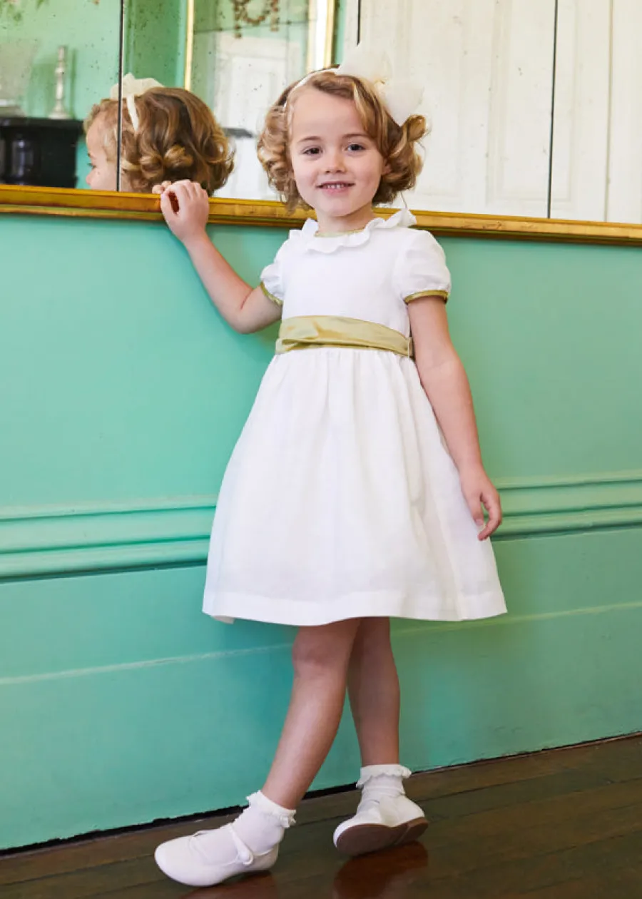 Pepa London Flower Girl Ivory Dress with Green Silk Sash (6mths-10yrs)