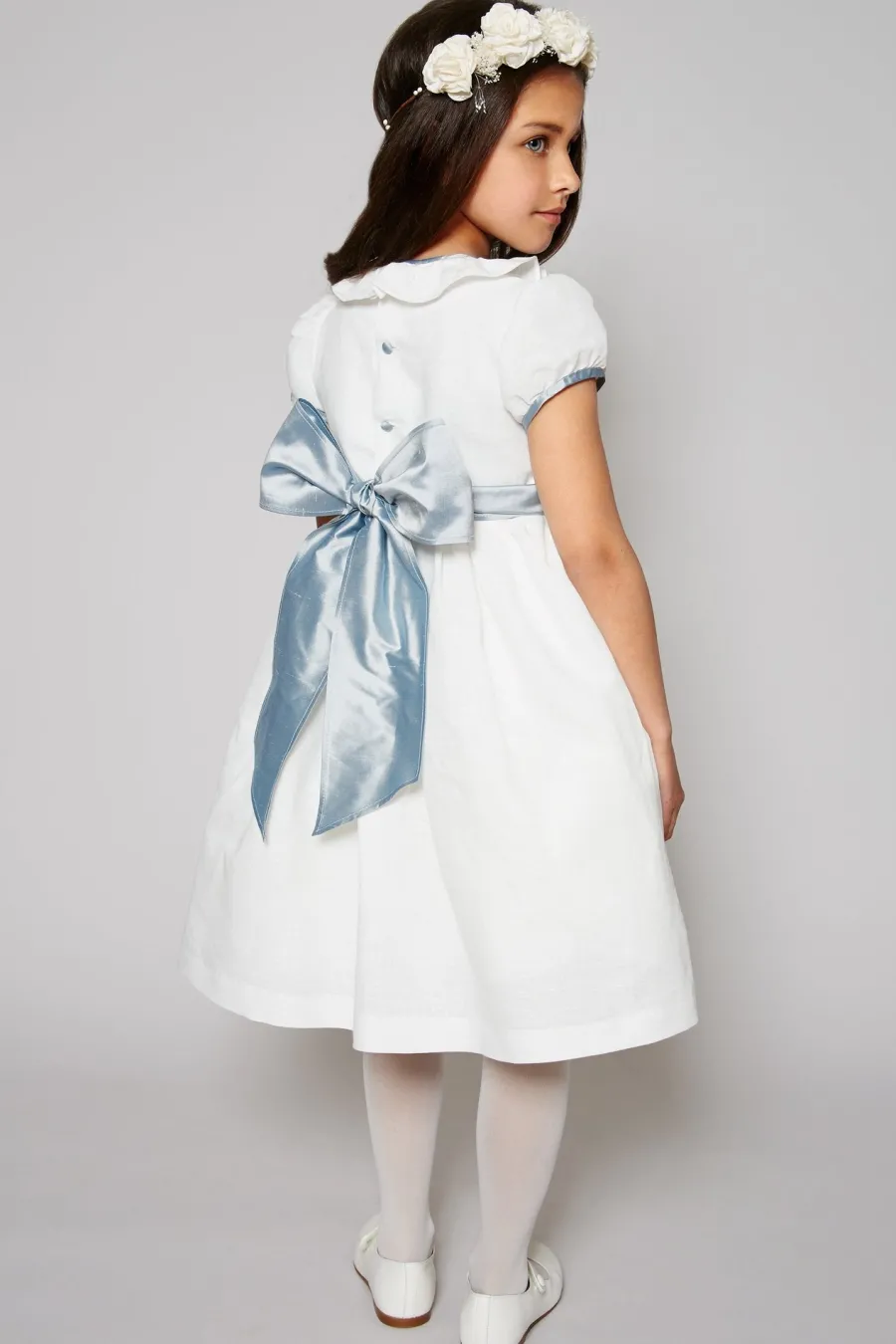 Pepa London Flower Girl Ivory Dress with Blue Silk Sash (6mths-10yrs)
