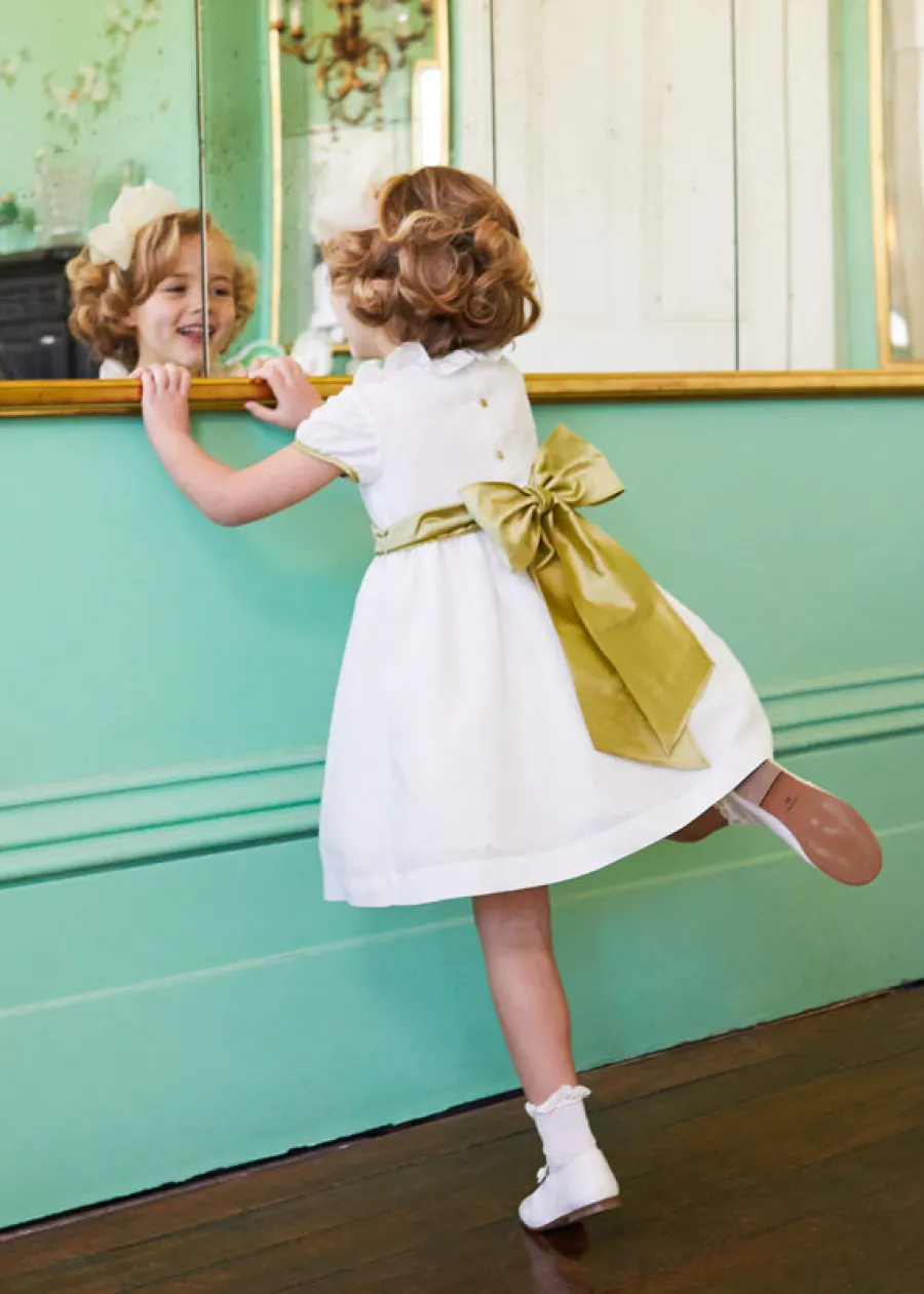 Pepa London Flower Girl Ivory Dress with Green Silk Sash (6mths-10yrs)