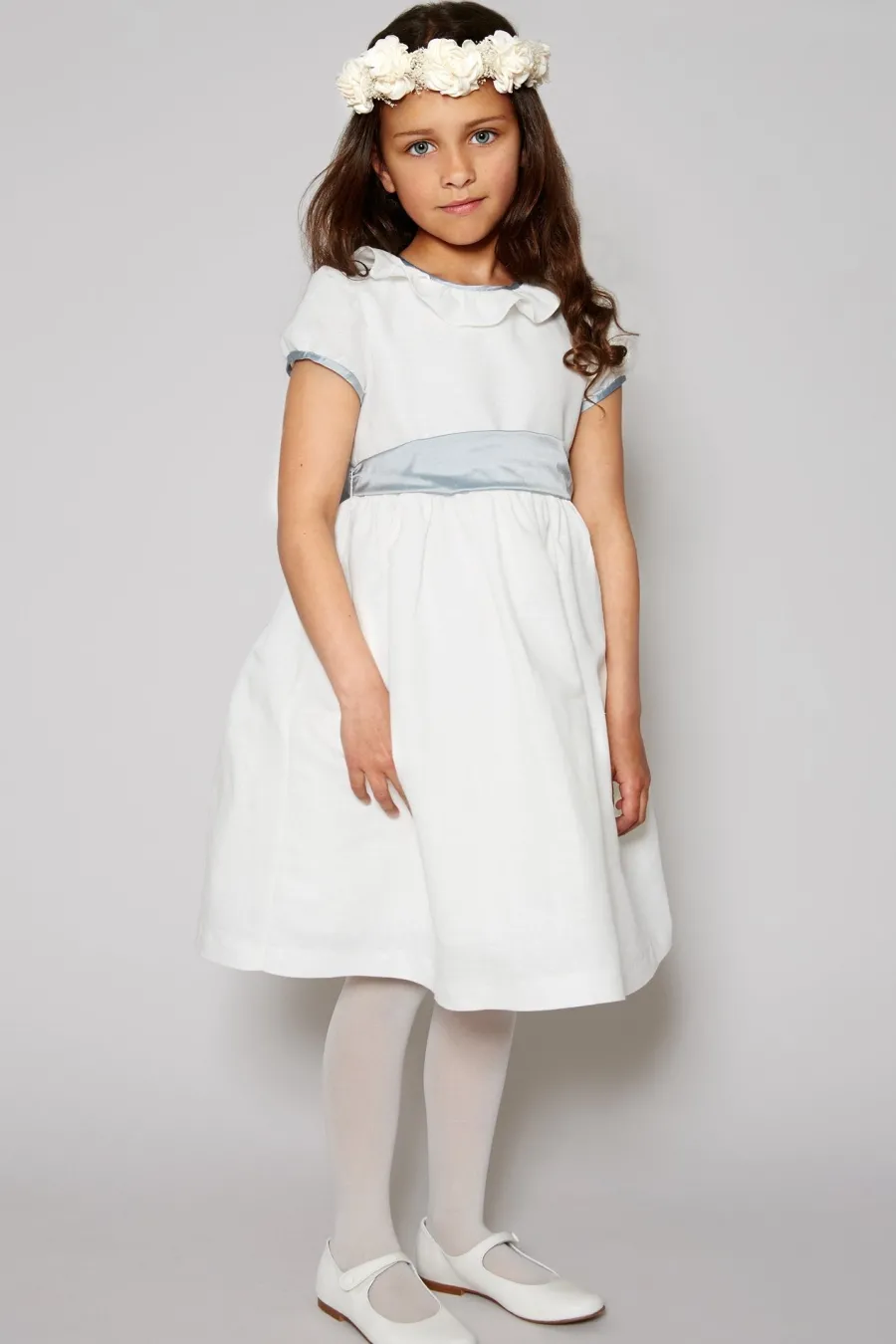Pepa London Flower Girl Ivory Dress with Blue Silk Sash (6mths-10yrs)