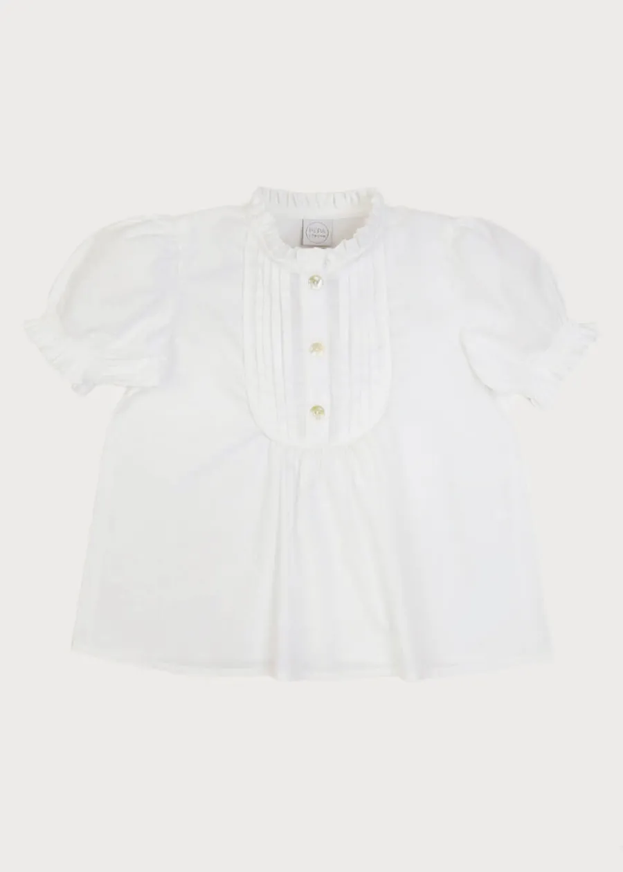 Pepa London Frilly Neck Pleated Short Sleeve Blouse in White (18mths-10yrs)