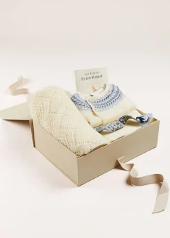 Pepa London Gift boxes | Baby Bonnet In Cream (S-L) | BIBS Dummy in Blue | Intricate Openwork Fine Merino Wool Shawl in Cream