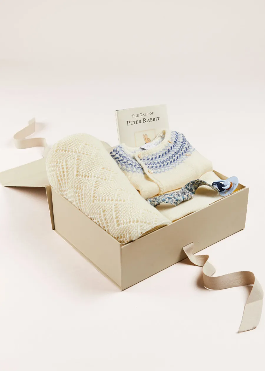 Pepa London Gift boxes | Baby Bonnet In Cream (S-L) | BIBS Dummy in Blue | Intricate Openwork Fine Merino Wool Shawl in Cream