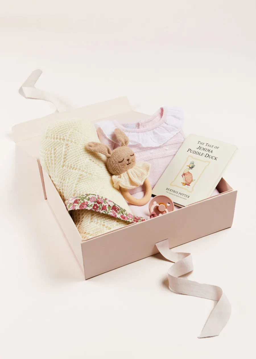 Pepa London Gift boxes | Dot Detail Lace Collar Knitted Set in Pink (1-6mths) | Baby Bonnet In Pink (S-L) | Intricate Openwork Fine Merino Wool Shawl in Cream | BIBS Dummy in Pink