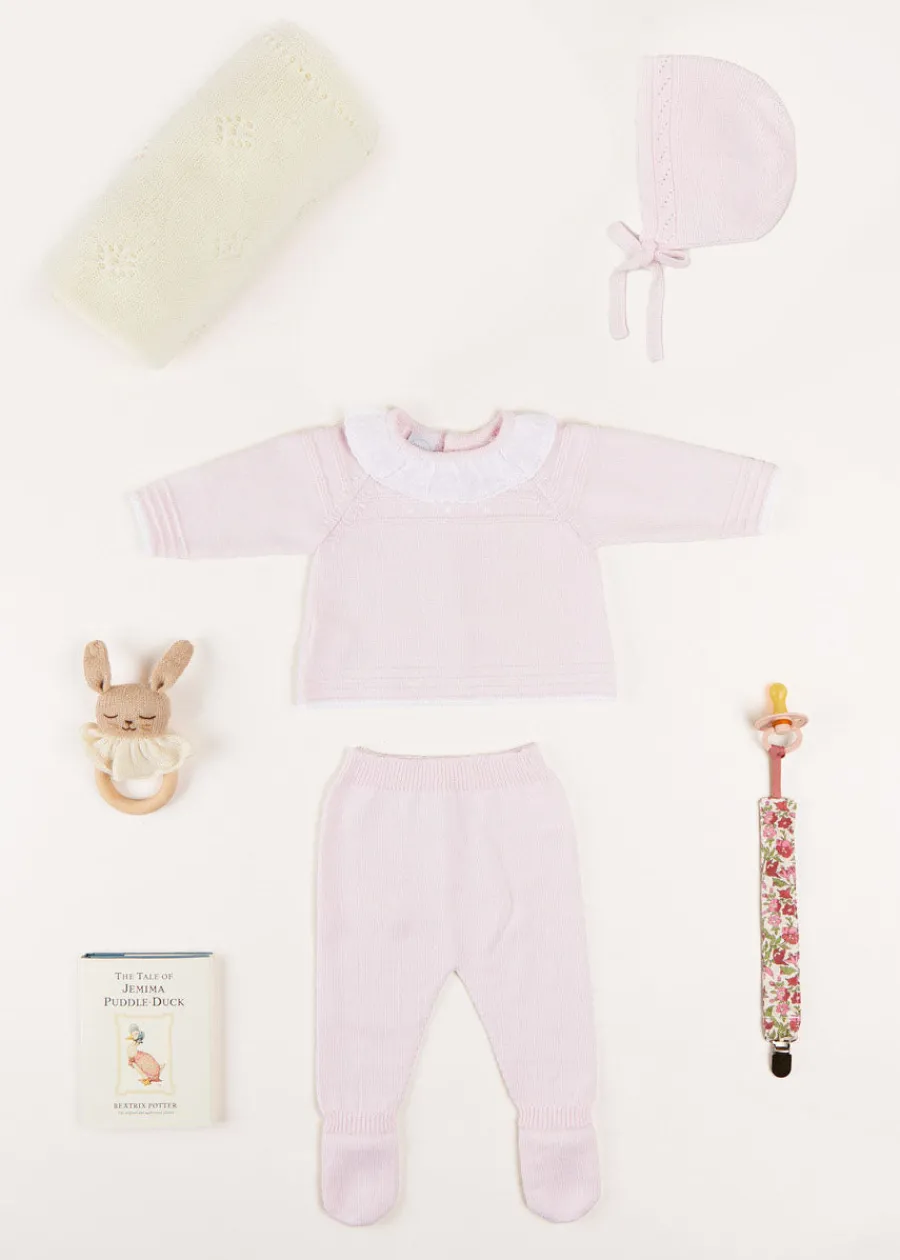Pepa London Gift boxes | Dot Detail Lace Collar Knitted Set in Pink (1-6mths) | Baby Bonnet In Pink (S-L) | Intricate Openwork Fine Merino Wool Shawl in Cream | BIBS Dummy in Pink