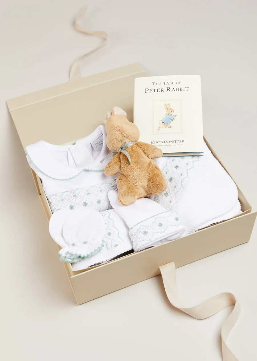 Pepa London Gift boxes | Green Hand Smocked Cotton All-in-One (0-18mths) | Newborn Hat with Green Hand Smocked Detail (0-3mths) | Green Hand Smocked Bib | Green Hand Smocked Towel | Green Hand Smocked Mittens | My First Bunny in a Box - Blue