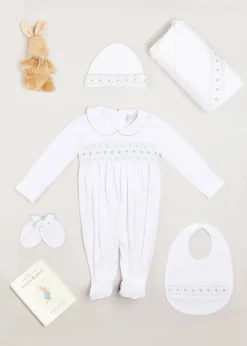 Pepa London Gift boxes | Green Hand Smocked Cotton All-in-One (0-18mths) | Newborn Hat with Green Hand Smocked Detail (0-3mths) | Green Hand Smocked Bib | Green Hand Smocked Towel | Green Hand Smocked Mittens | My First Bunny in a Box - Blue