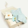 Pepa London Gift boxes | Lace Detail Knitted Bonnet in Green (1-12mths) | Lace Trim Knitted Set in Green (1-12mths) | Intricate Openwork Fine Merino Wool Shawl in Cream | BIBS Dummy in Sage Green | Knitted Bunny Teether in Beige
