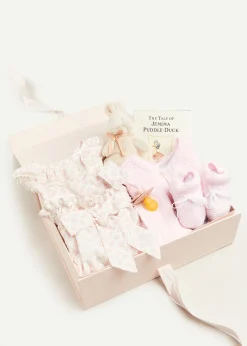 Pepa London Gift boxes | Lace Detail Knitted Bonnet in Pink (1-12mths) | Openwork Detail Baby Cardigan in Pink (1-12mths) | Lace Detail Knitted Booties in Pink | Tilly Floral Print Bloomers With Bow Detail in Pink (1-6mths) | BIBS Dummy in Pink