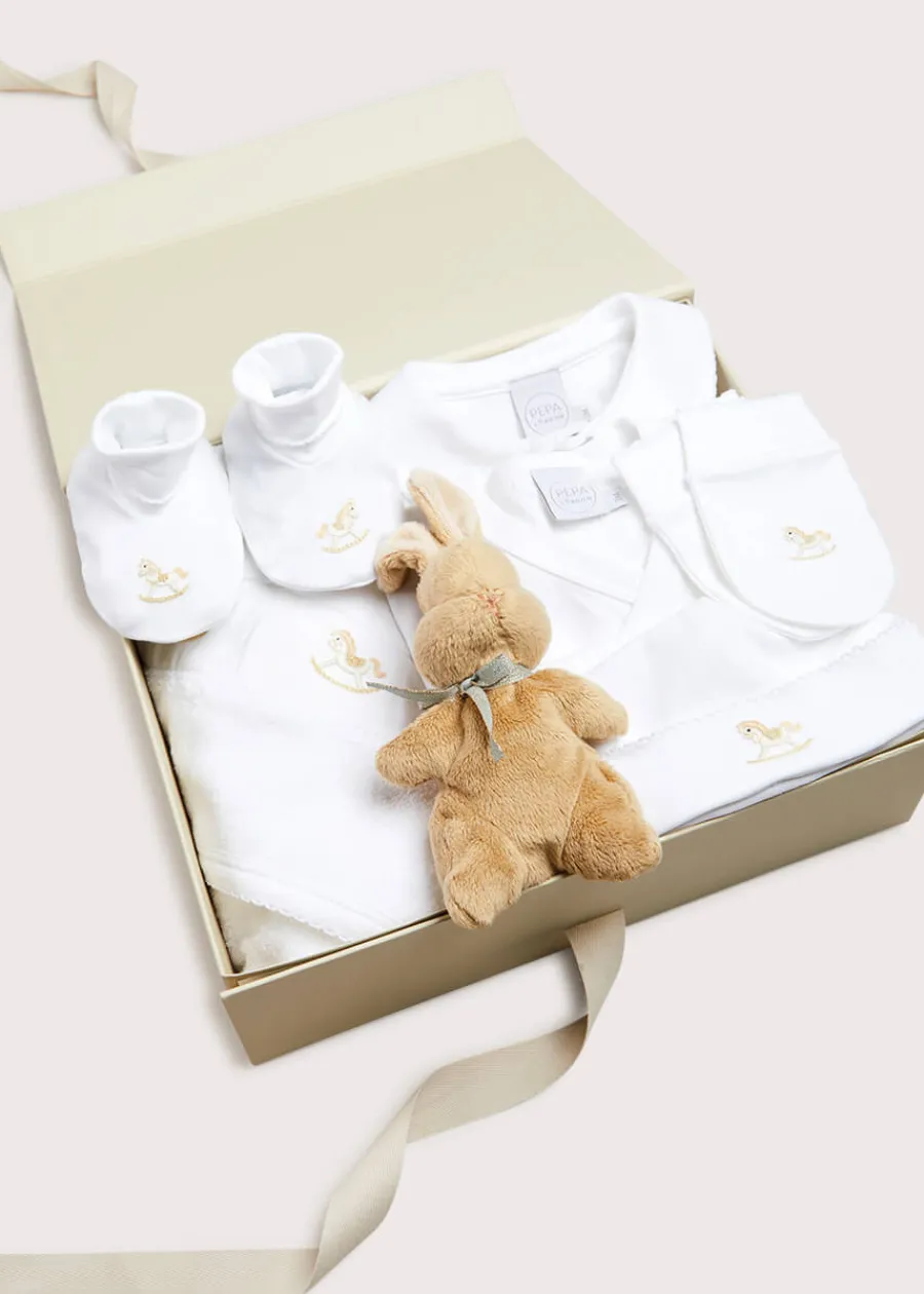 Pepa London Gift boxes | Newborn All-In-One With Rocking Horse Embroidery In Beige (1-6mths) | Newborn Side Tie Bodysuit With Rocking Horse Embroidery Beige (1-6mths) | Newborn Towel with Rocking Horse Embroidery In Beige | Newborn Bonnet with Rocking Horse Embroidery Beige (0-3mths) | White Bib with Beige Embroidered Rocking Horse | Newborn Mittens with Rocking Horse Embroidery Beige (1-3mths) | Newborn Booties With Rocking Horse Embroidery Beige (1-3mths)