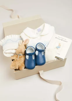 Pepa London Gift boxes | Off White and Blue Hand Smocked Baby Bonnet | Plain high socks - Cream (0mths-10yrs) | Leather T-Bar Pram Shoes in Classic Blue (17-20EU) | My First Bunny in a Box - Blue