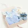 Pepa London Gift boxes | Openwork Detail Baby Cardigan in Blue (1-12mths) | Suede Velvet Ribbon Pram Shoes in Blue (17-21 EU) | White Mouse Toy | BIBS Dummy in Blue