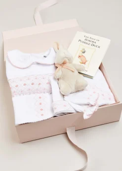 Pepa London Gift boxes | Pink Hand Smocked Cotton All-in-One (0-12mths) | Newborn Hat with Pink Hand Smocked Detail (0-3mths) | Pink Hand Smocked Bib | Pink Hand Smocked Towel | Pink Hand Smocked Mittens