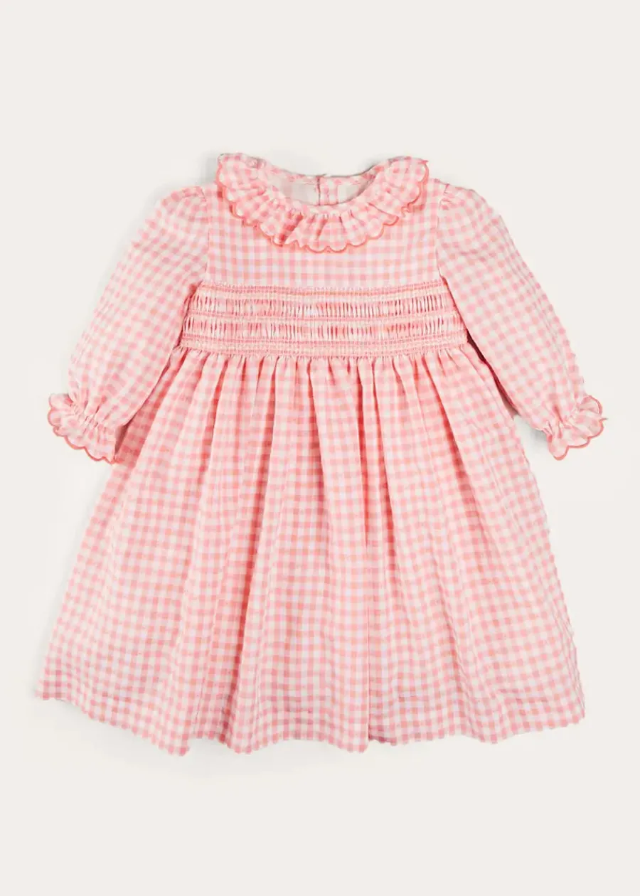 Pepa London Gingham Smocked Ruffle Collar Long Sleeve Dress in Coral (12mths-10yrs)
