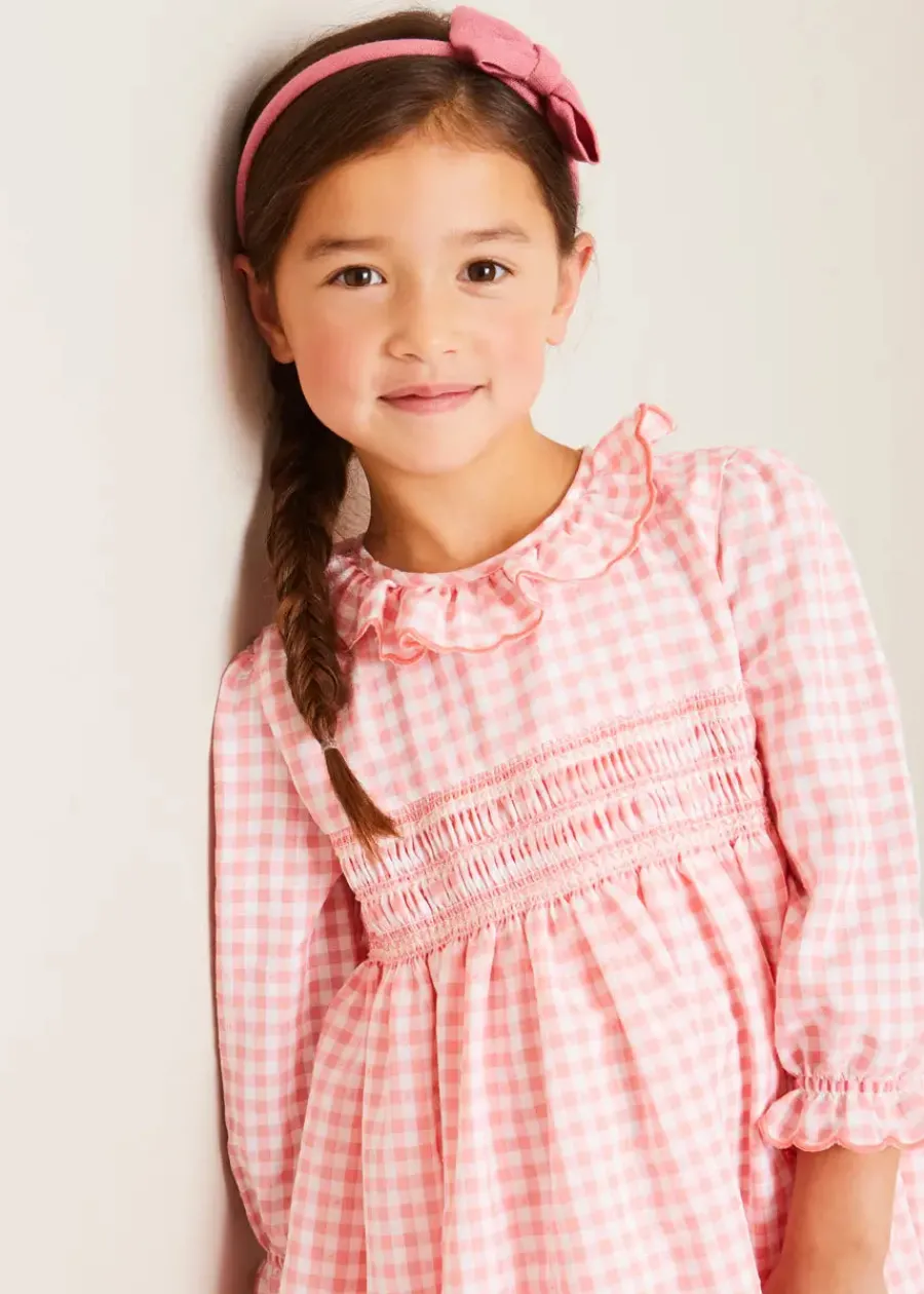Pepa London Gingham Smocked Ruffle Collar Long Sleeve Dress in Coral (12mths-10yrs)