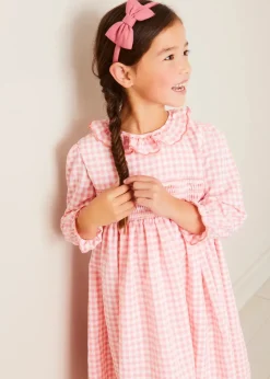 Pepa London Gingham Smocked Ruffle Collar Long Sleeve Dress in Coral (12mths-10yrs) | Floral Openwork Cotton Cardigan in Pink (2-10yrs) | Girls Ivory Leather Mary Jane Shoes (20-34EU) | Raspberry Linen Hairband | Openwork short socks White (0mths-8yrs)