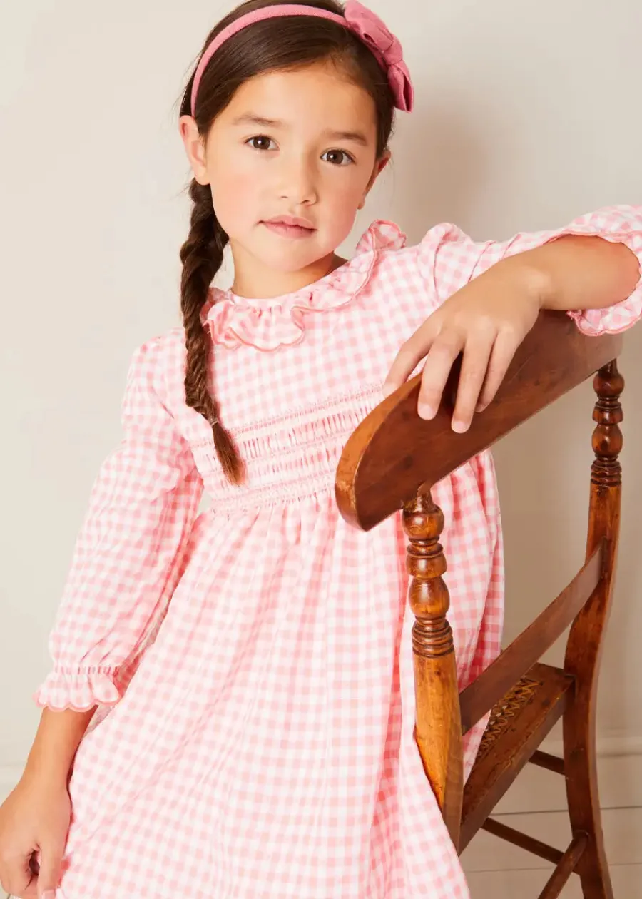 Pepa London Gingham Smocked Ruffle Collar Long Sleeve Dress in Coral (12mths-10yrs)