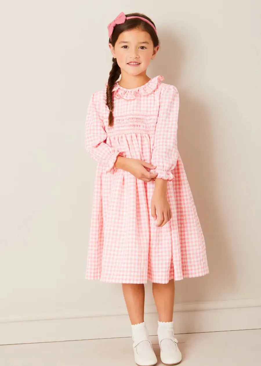 Pepa London Gingham Smocked Ruffle Collar Long Sleeve Dress in Coral (12mths-10yrs)