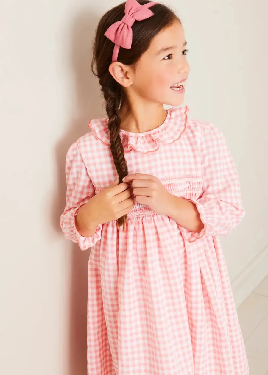 Pepa London Gingham Smocked Ruffle Collar Long Sleeve Dress in Coral (12mths-10yrs)