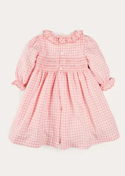 Pepa London Gingham Smocked Ruffle Collar Long Sleeve Dress in Coral (12mths-10yrs)