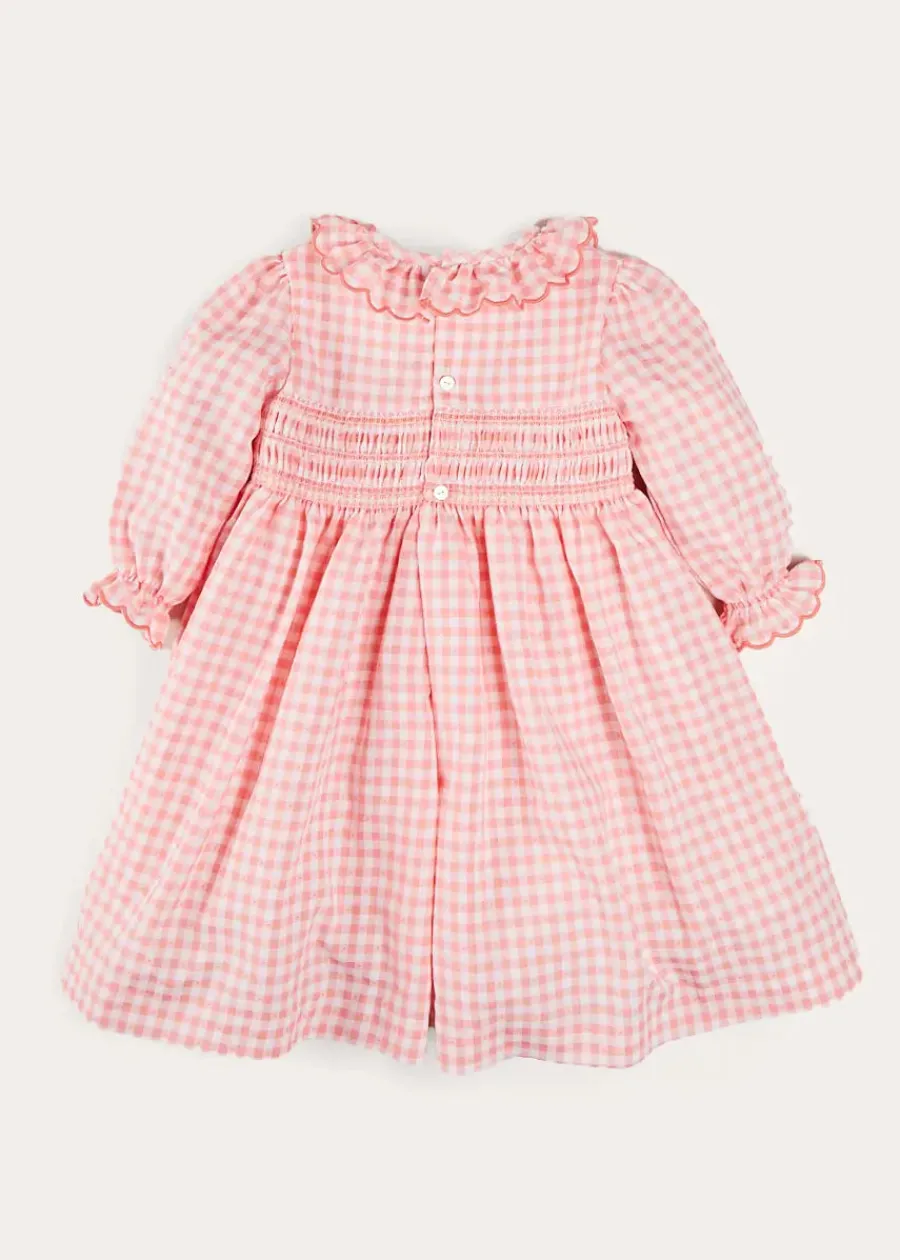 Pepa London Gingham Smocked Ruffle Collar Long Sleeve Dress in Coral (12mths-10yrs)